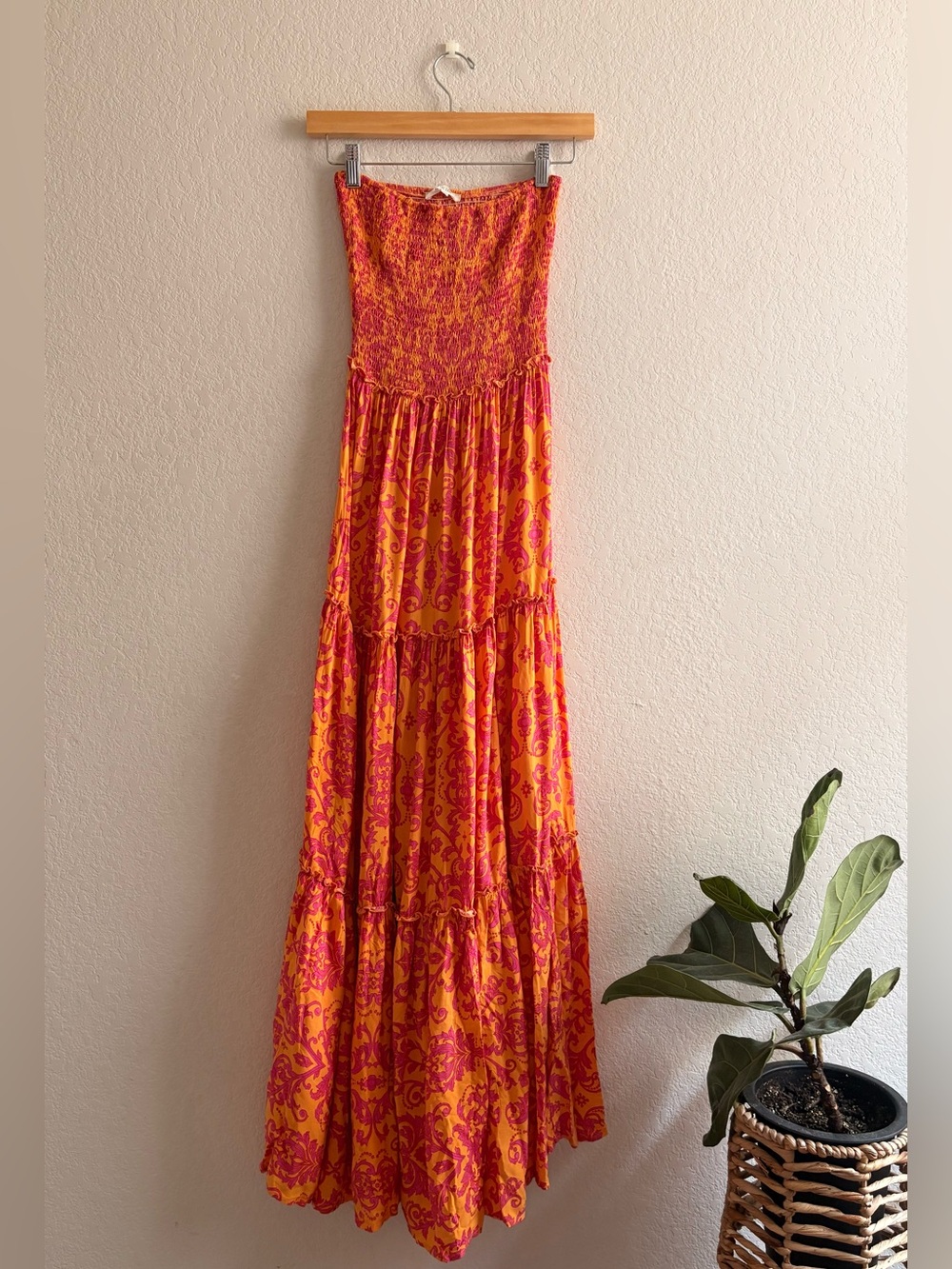 Abel The Label Bondi Strapless Smocked Tiered Maxi Dress
Orange Pink Paisley xs